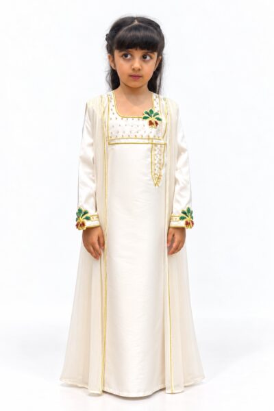 Golden Pearl kids jalabiya by OSH, pearl ivory with gold trim and green and gold floral embroidery