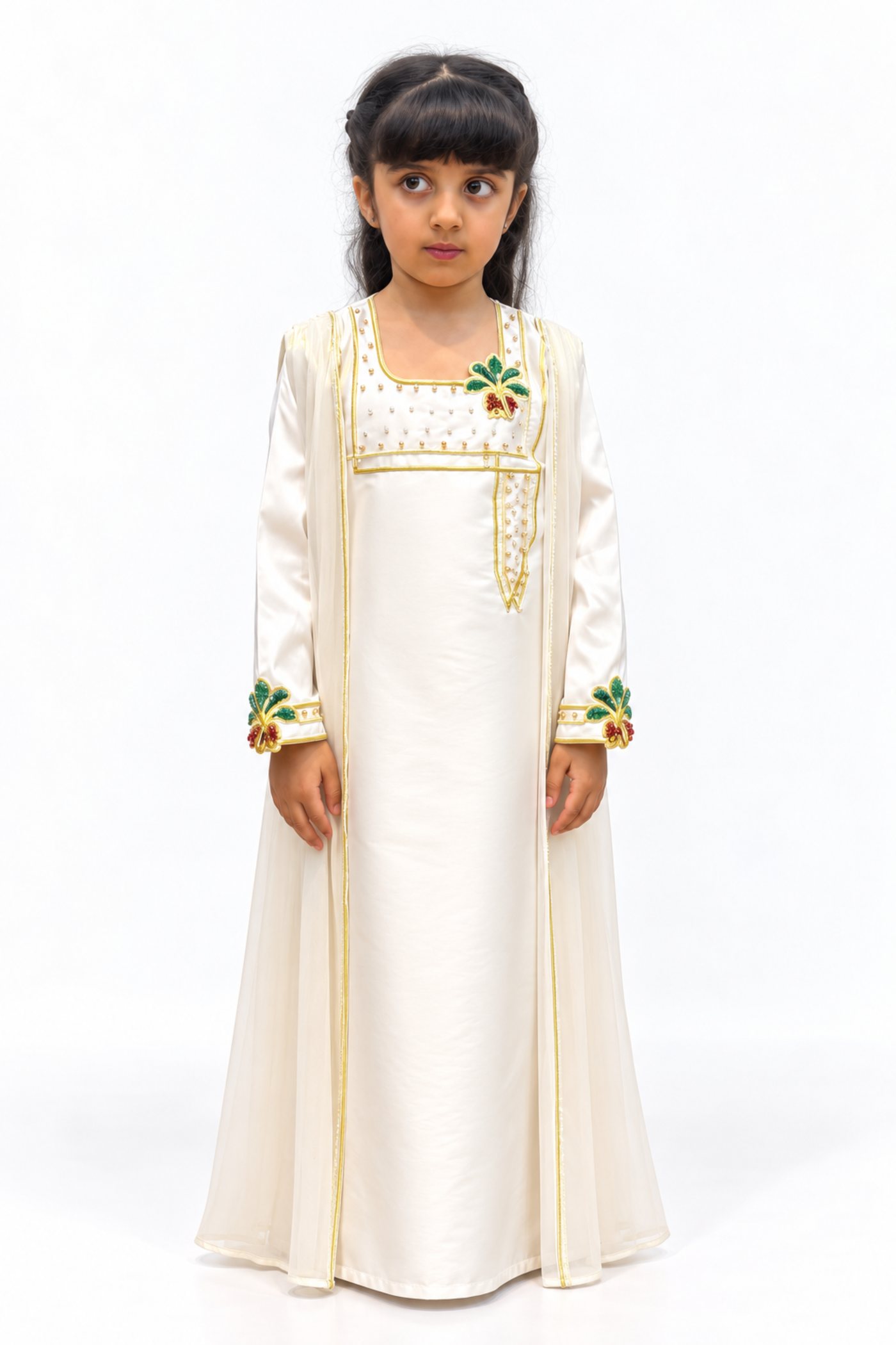 Golden Pearl kids jalabiya by OSH, pearl ivory with gold trim and green and gold floral embroidery