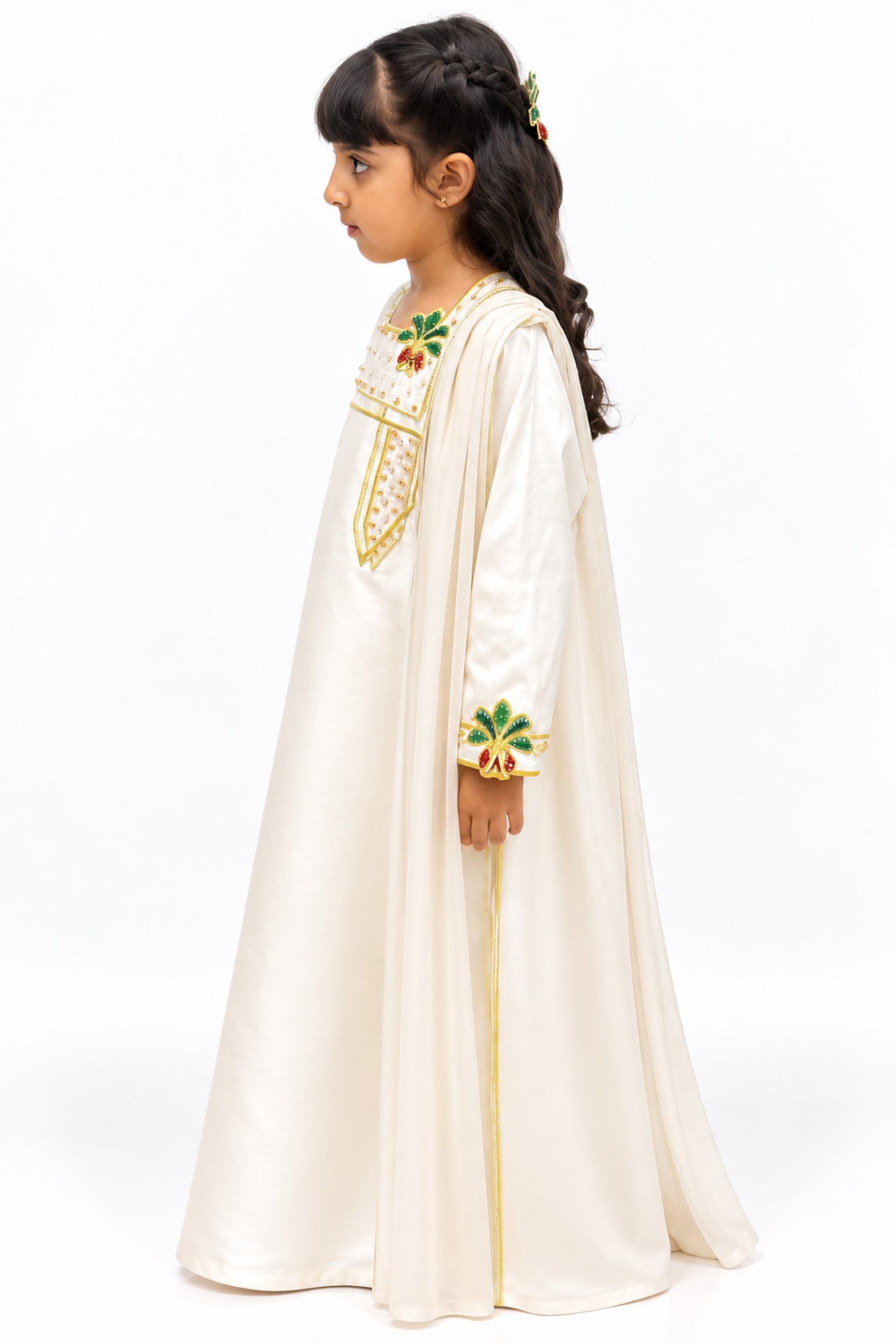 Golden Pearl kids jalabiya by OSH, pearl ivory with gold trim and green and gold floral embroidery