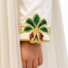 Golden Pearl kids jalabiya by OSH, pearl ivory with gold trim and green and gold floral embroidery