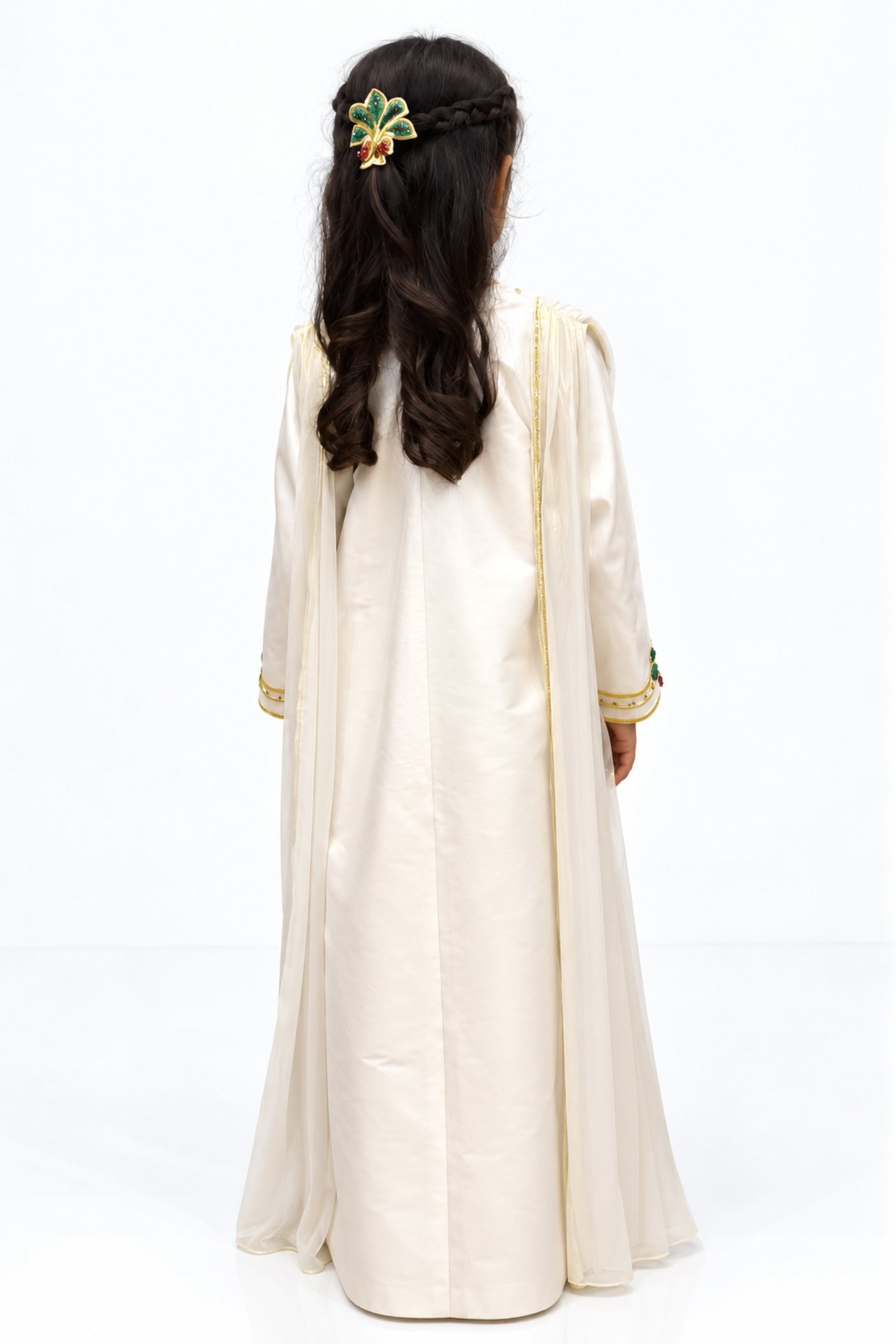 Golden Pearl kids jalabiya by OSH, pearl ivory with gold trim and green and gold floral embroidery